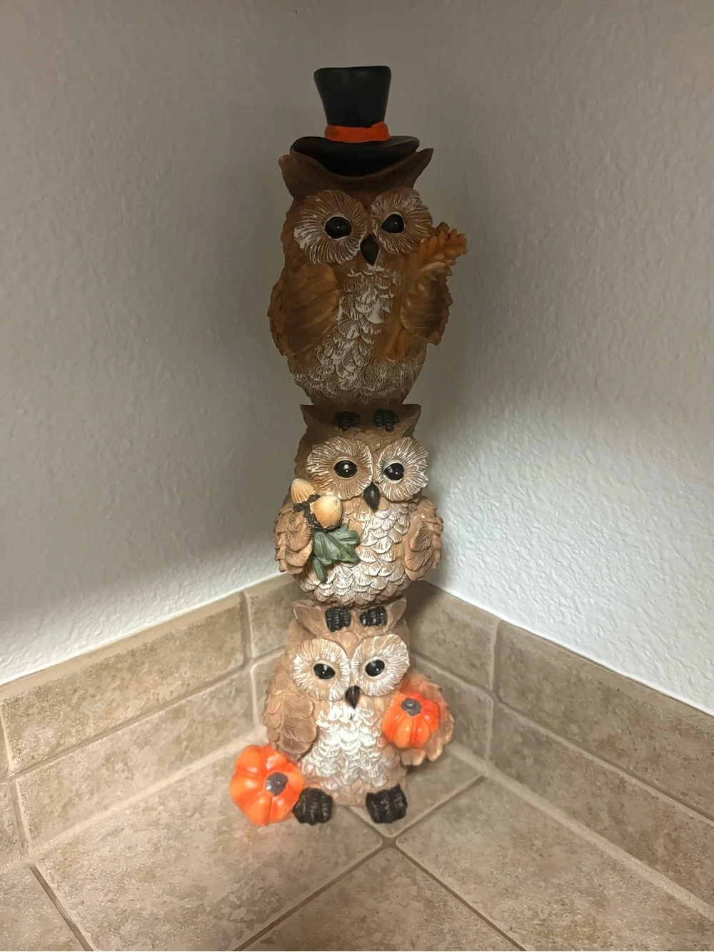Autumn Owl Stack Figurine with Pumpkins